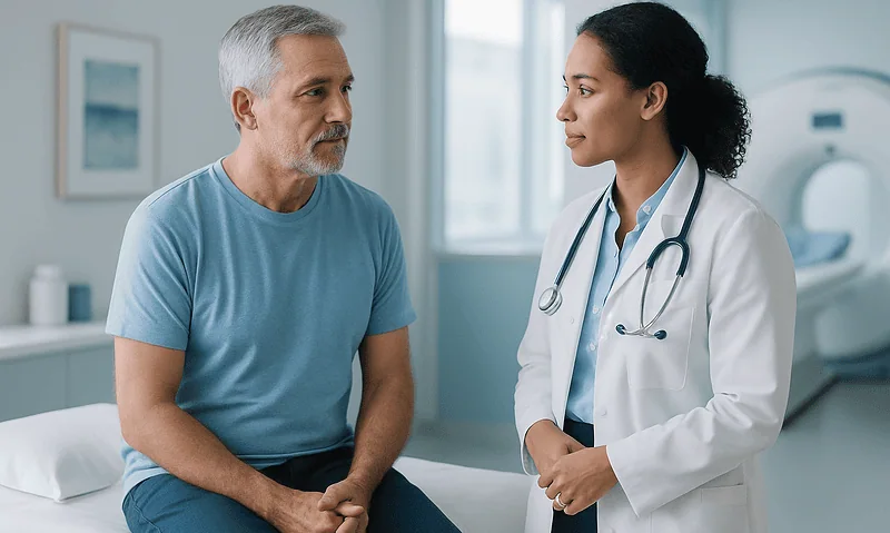 Doctor consulting with a male patient in a hospital room.