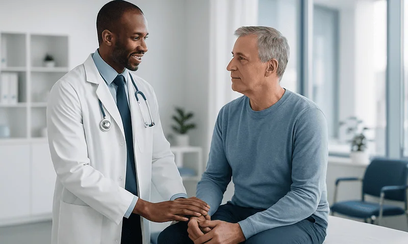 Doctor consulting with an older male patient in a modern clinic.