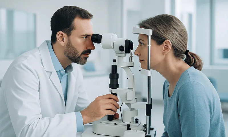 Ophthalmologist examining patient's eye with slit lamp in clinic.