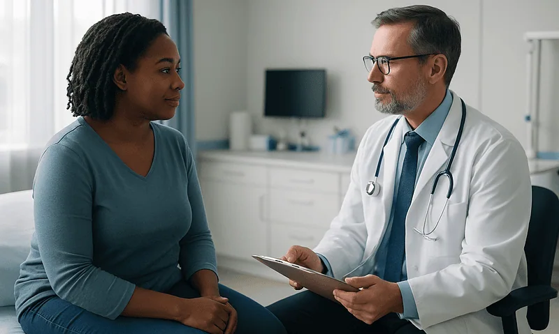 Doctor consulting with a patient in a medical office setting.