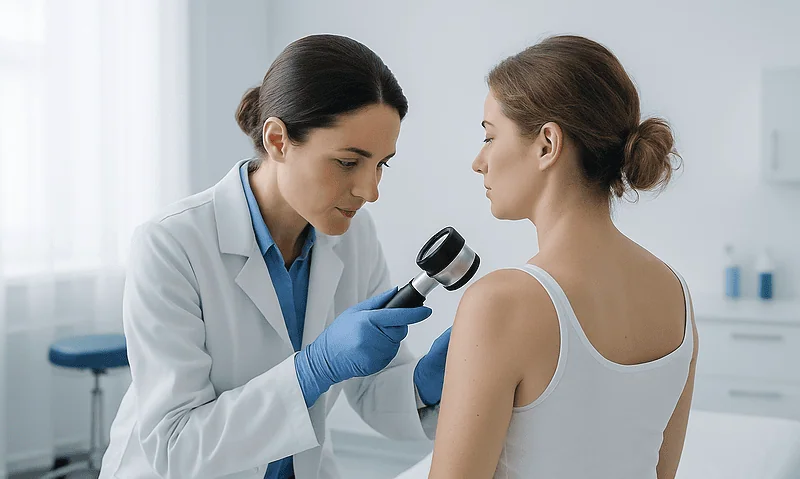 Doctor examining a woman's back with a magnifying glass in a clinical setting.