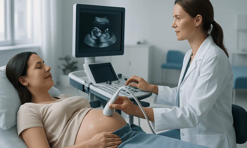 Pregnant woman undergoing ultrasound scan at hospital.