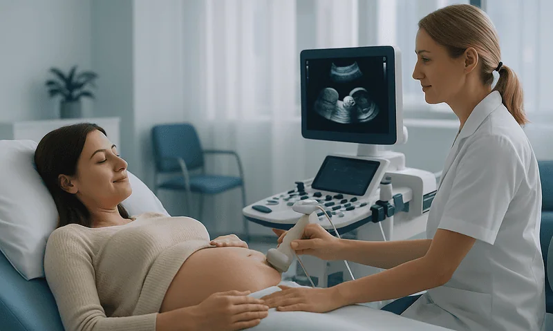 Pregnant woman having ultrasound scan in a medical clinic.