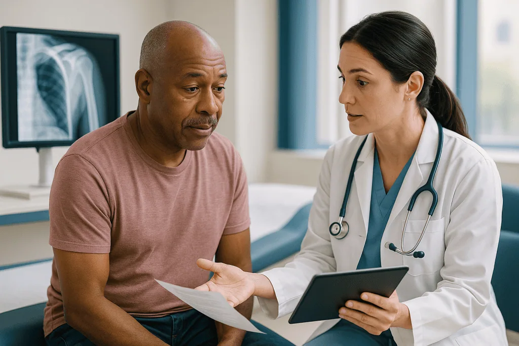 Doctor consulting patient with tablet in clinic: Before surgery: imaging, consent and the anesthesia conversation