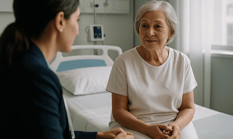 Elderly woman consulting with a healthcare professional in a hospital room.