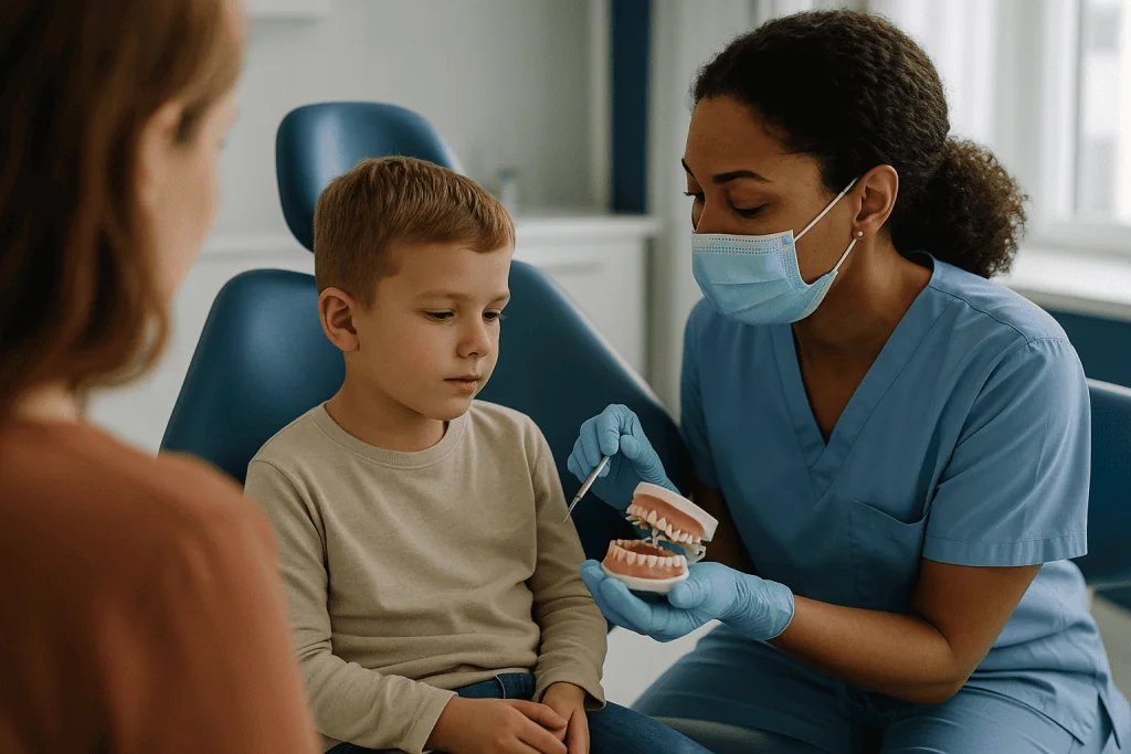 Pediatric dentist demonstrating dental model to young child: Before the appointment: preparing a child for dental sealants