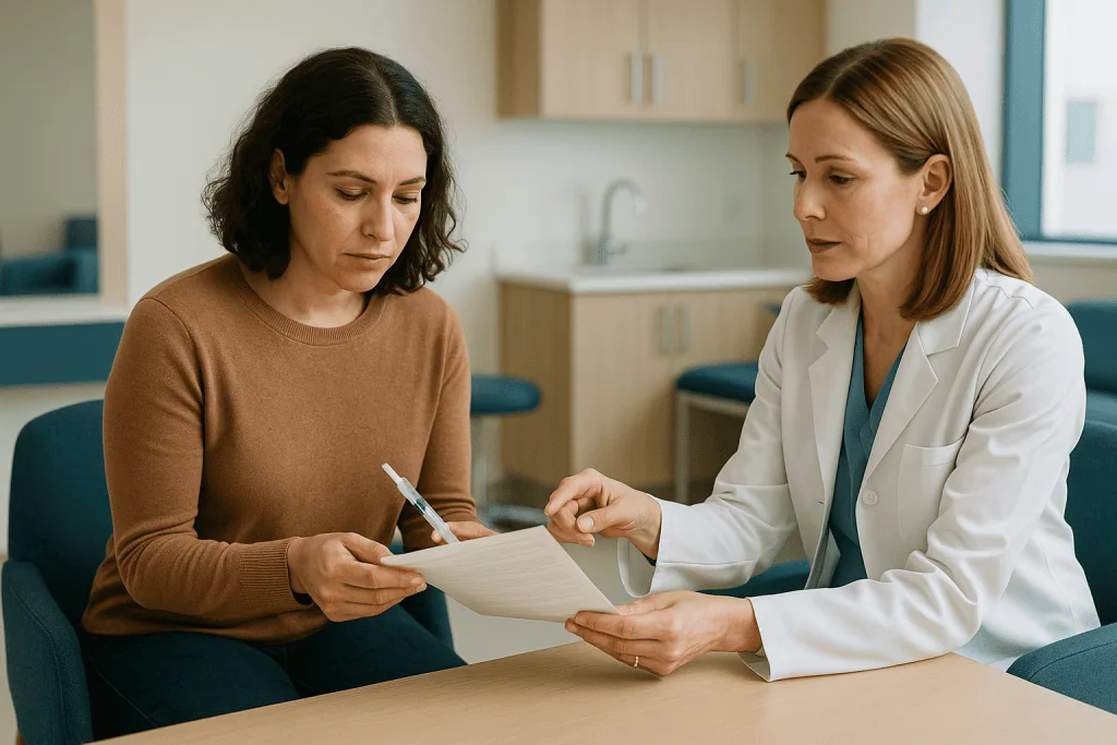 Doctor consulting with patient, reviewing medical documents: Before the first injection: tests, protocols and consent