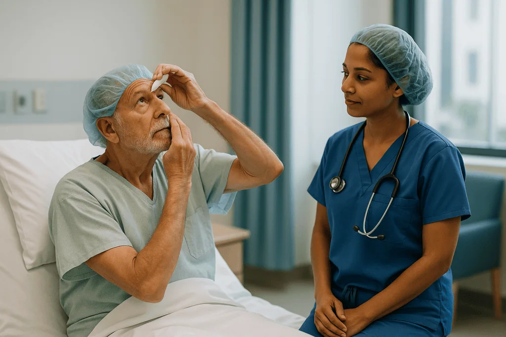 Healthcare provider examining patient's eye in clinical setting: Before the operating room: drops, marking and the wait