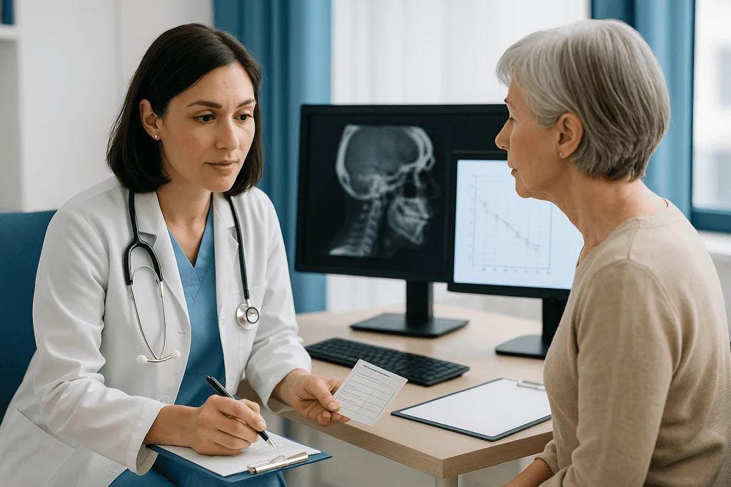 Doctor consulting with senior patient in office: Before the operation: scans, hearing tests and a vaccine check