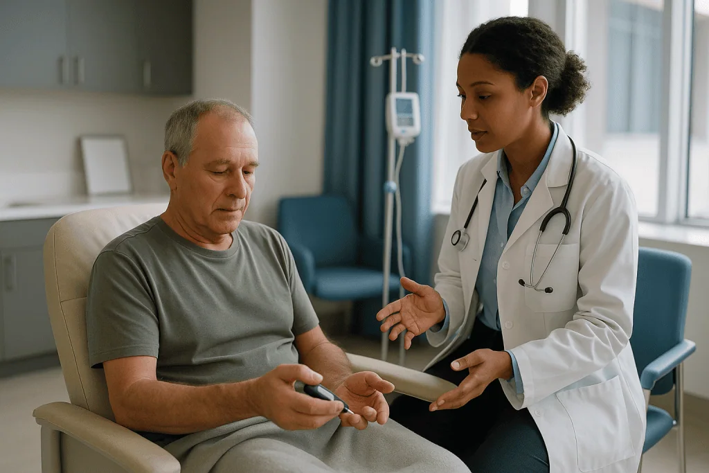Doctor consulting with male patient holding tablet: Before the session: the checks that decide whether the day goes ahead