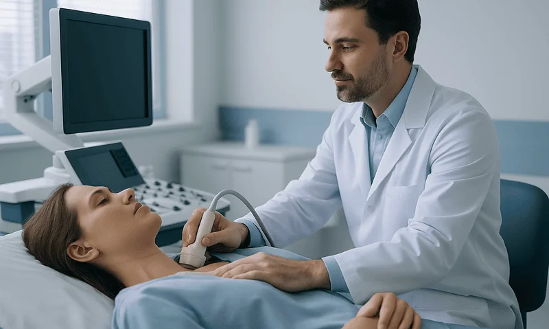 Doctor performing thyroid ultrasound on a patient in a clinical setting.