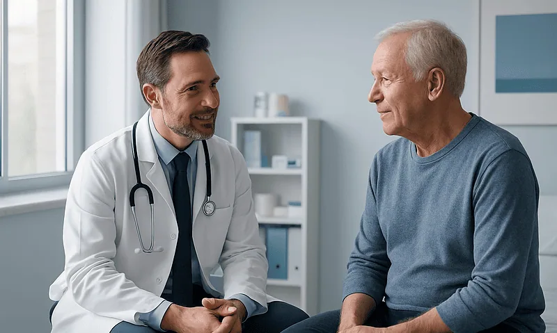 Urologist consulting with an elderly male patient in a medical office.