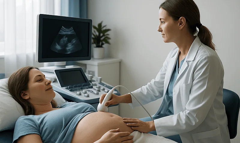 Doctor performing ultrasound on pregnant woman in clinic.