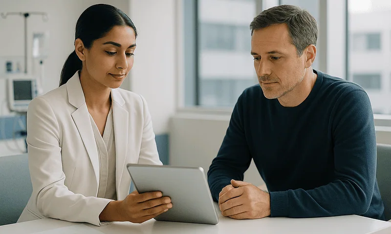 Doctor and patient reviewing information on a tablet in a medical office.