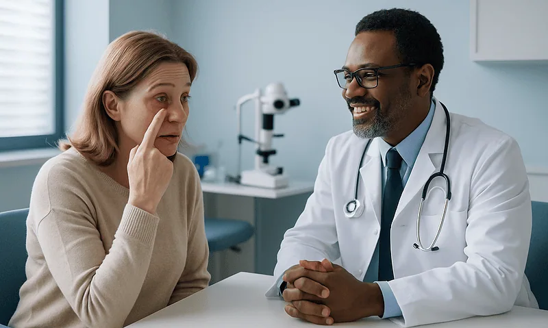 Doctor explaining eye condition to a patient in a clinic setting.