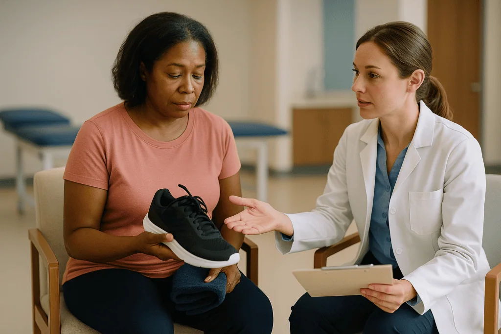 Healthcare professional consulting patient about footwear during evaluation: Before your first physical therapy appointment: