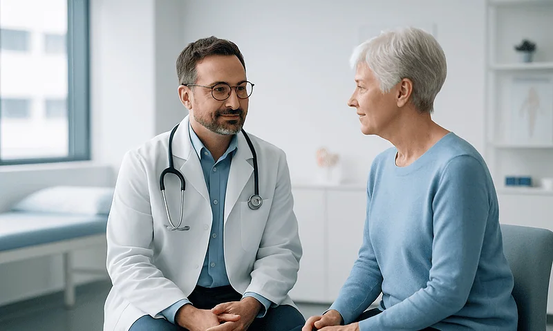 Doctor consulting with elderly patient in a medical office.