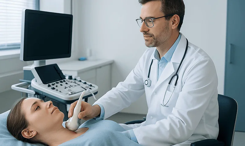 Doctor performing thyroid ultrasound on patient in clinic.