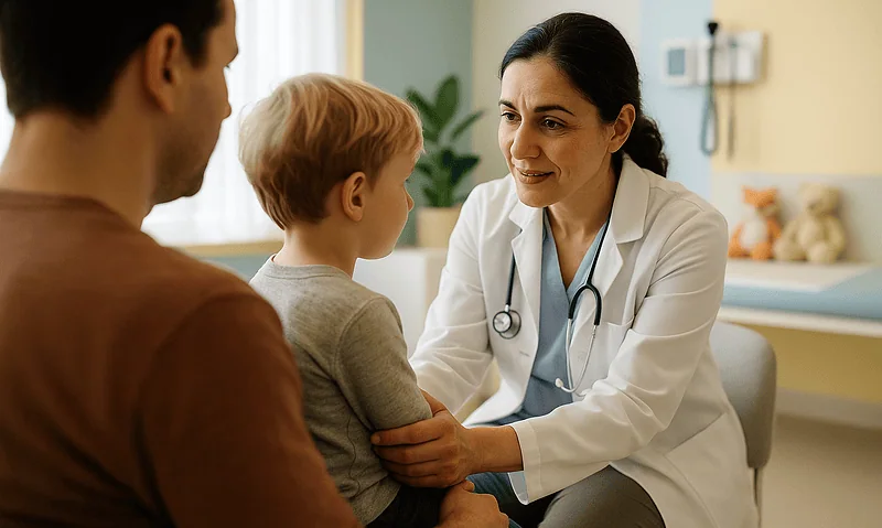 Pediatric doctor consulting with a young boy and his father in a clinic.