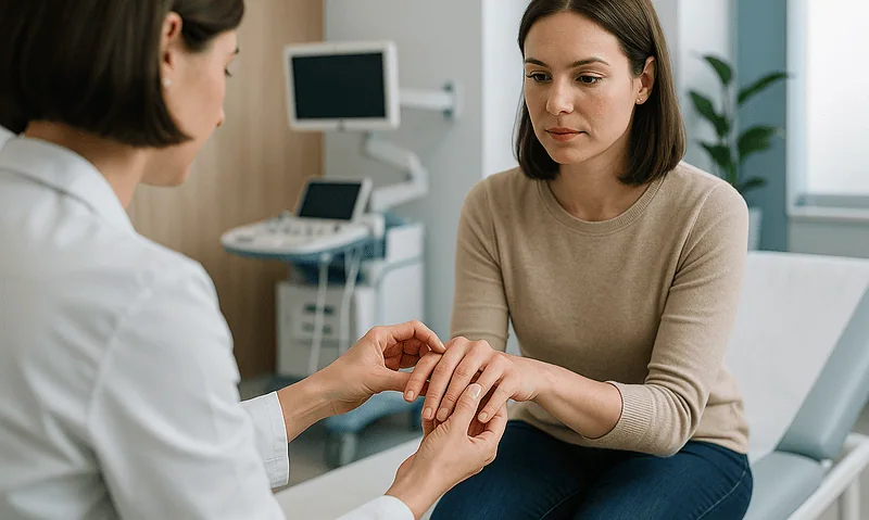 Doctor examining a patient's hand in a medical consultation room.