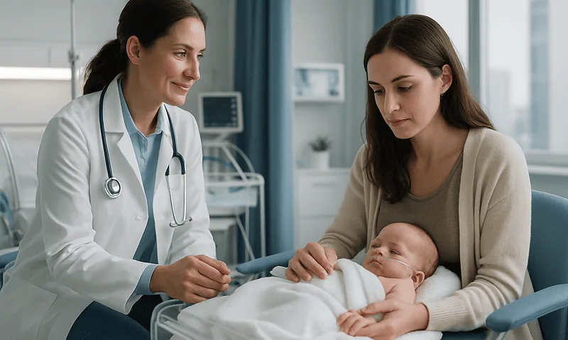 Doctor with mother and baby in hospital NICU setting.
