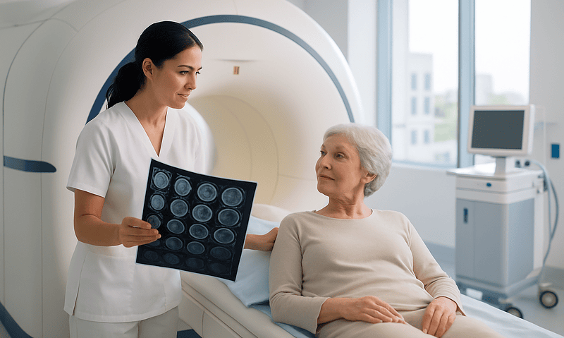 Medical professional reviewing brain scan with elderly patient in hospital.