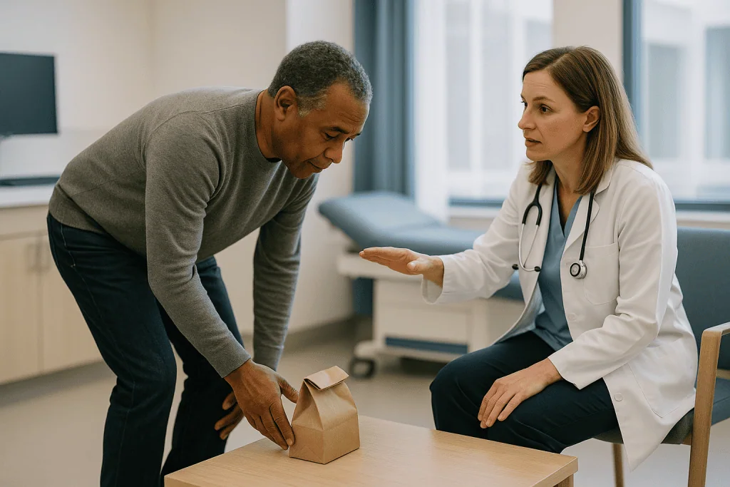 Doctor consulting patient about brown paper bag: Bending after microdiscectomy: the hip hinge that spares your spine