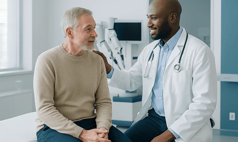 Doctor consulting with elderly patient in a hospital room.