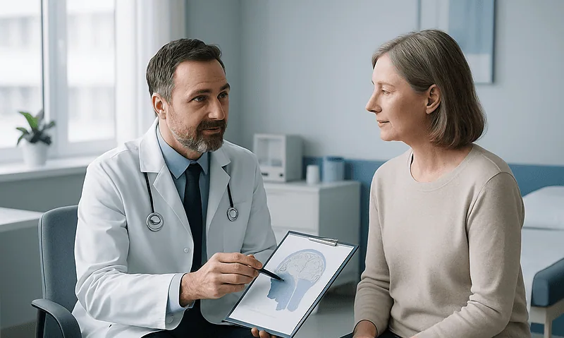 Doctor explaining brain scan to female patient in a medical consultation room.