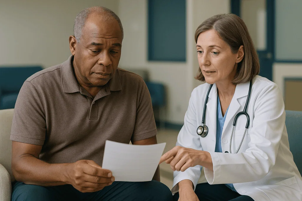 Doctor reviewing medical document with male patient: Benign enlargement or cancer: which plan are you actually holding?