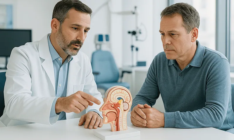 Doctor explaining inner ear anatomy to patient for vertigo treatment.