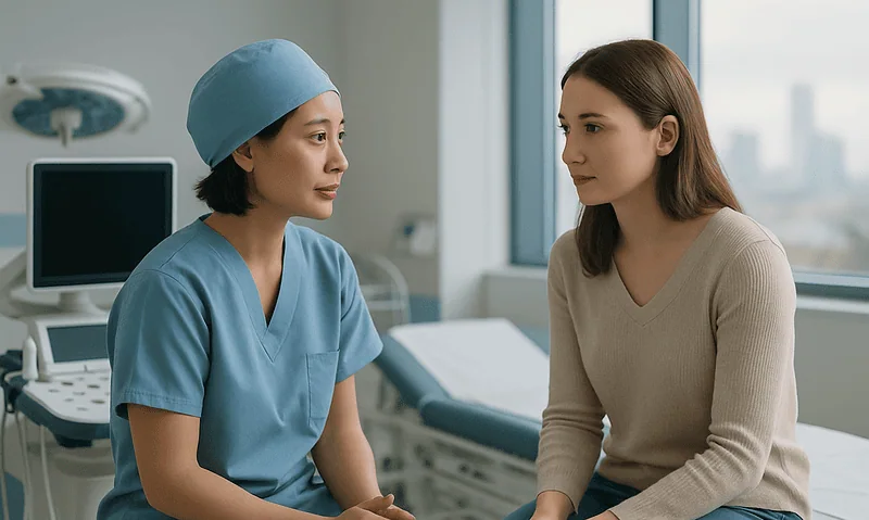Doctor consulting a patient in a hospital room for benign prostatic hyperplasia.