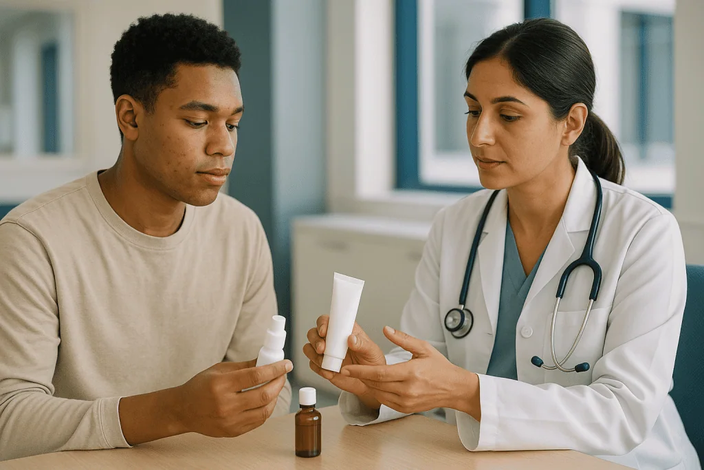 Doctor consulting patient about topical medication product: Benzoyl peroxide vs salicylic acid and other acne treatments com
