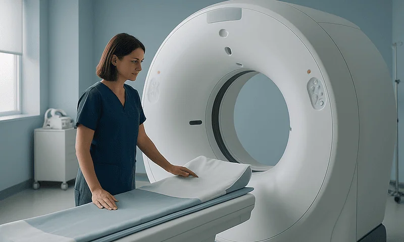 Medical technician prepares MRI scan in a hospital room.