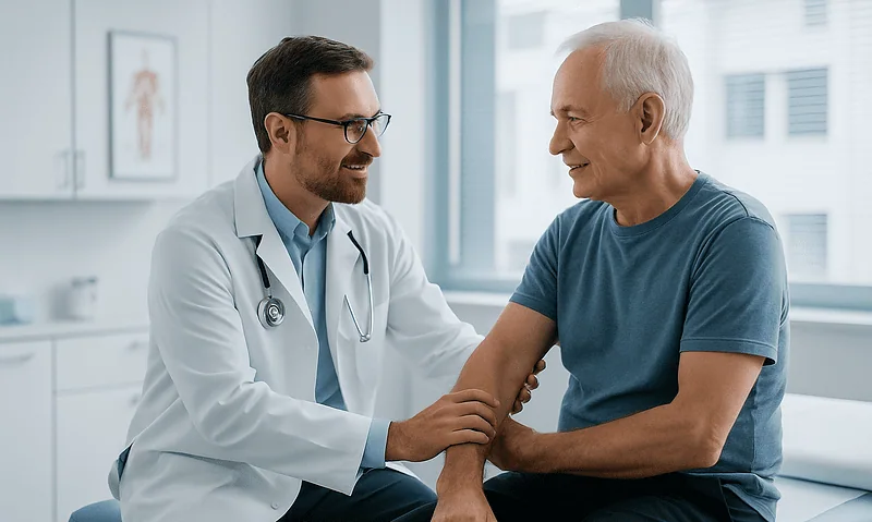 Doctor examining senior patient's arm in a medical consultation.