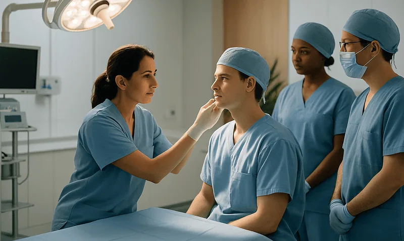 Surgeons preparing for a cheek reduction procedure in the operating room.