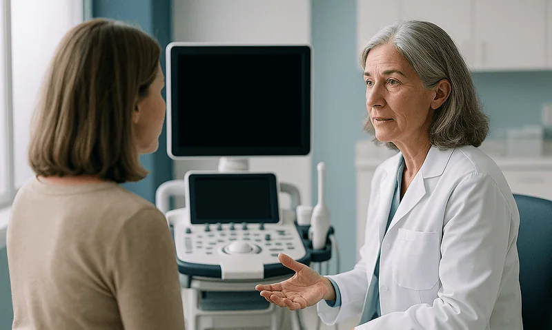 Doctor explaining medical details to a patient in a clinical setting.