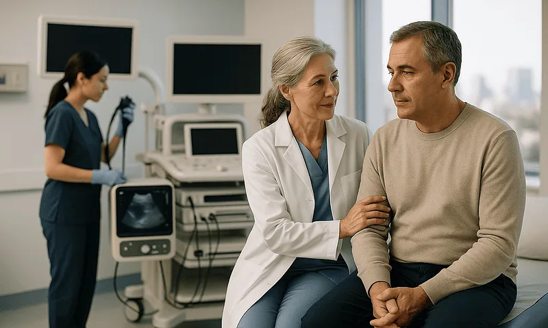 Doctor consulting with a patient in a hospital room with ultrasound equipment.