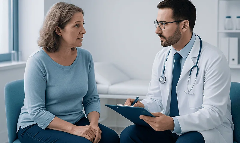 Doctor consulting with a middle-aged woman patient in a medical office.