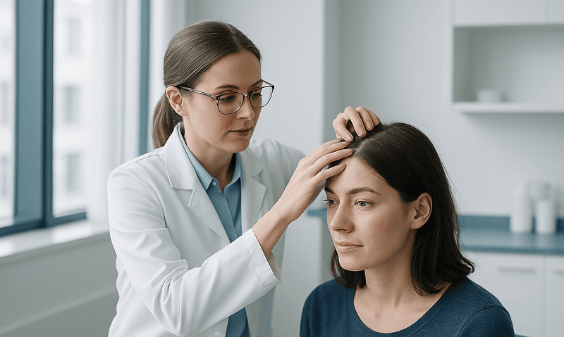 Doctor examining patient's scalp in a medical clinic setting.