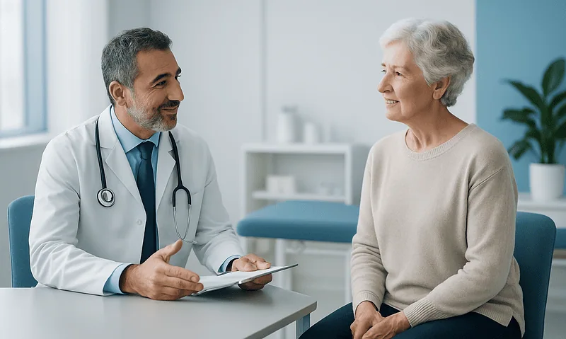 Doctor consulting with elderly woman in a medical office.