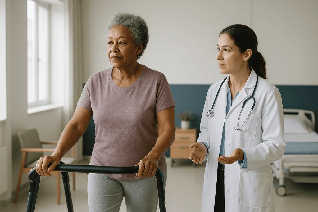 Doctor consulting with senior patient during rehabilitation walk: Biological age vs chronological age: why the two numbers d