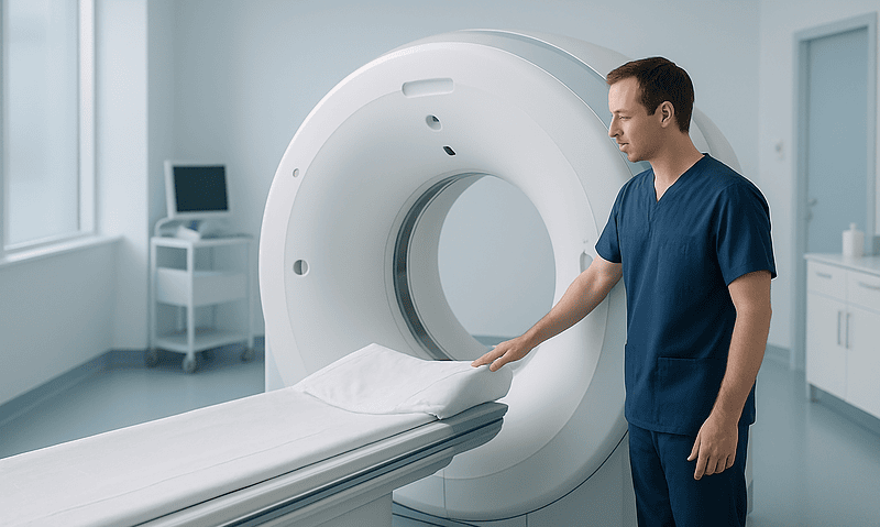 Medical technician prepares MRI scan in a modern hospital room.