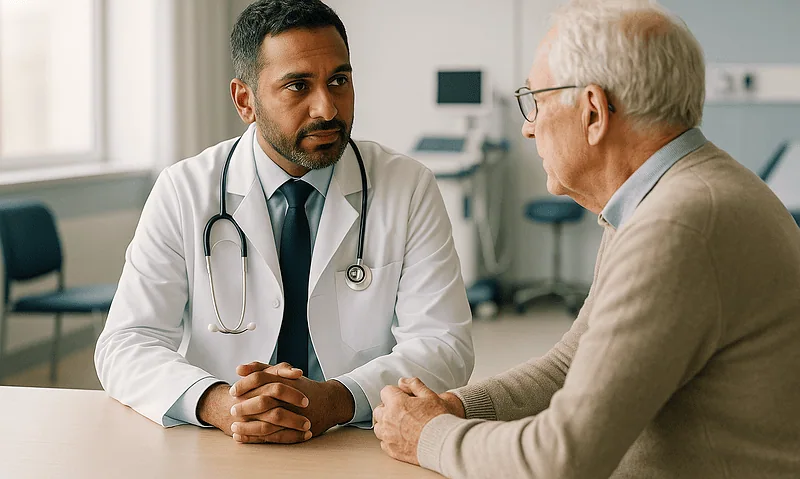 Doctor consulting with elderly patient in hospital setting.