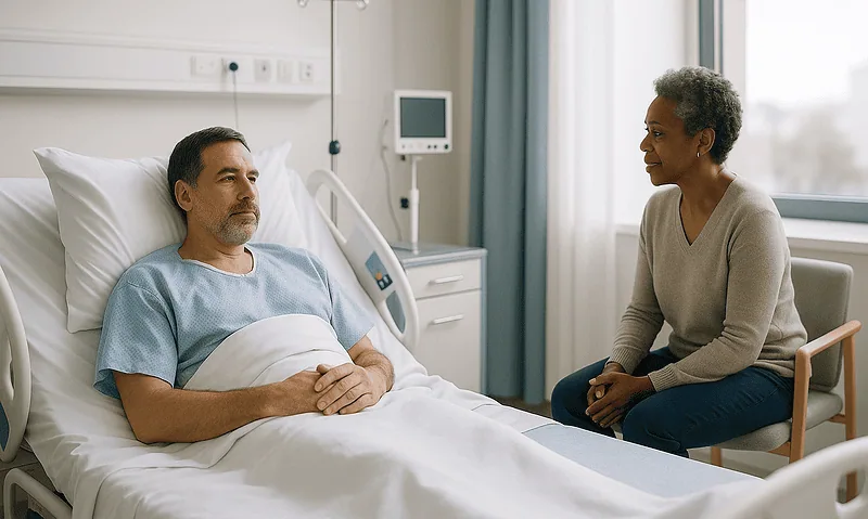 Patient and doctor discussing in hospital room at Acibadem Hospitals Group.
