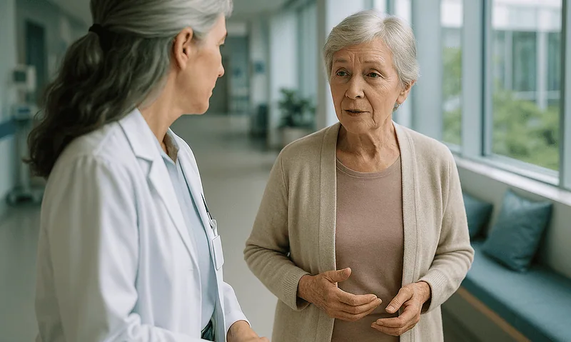 Senior woman discussing health concerns with doctor in hospital corridor.