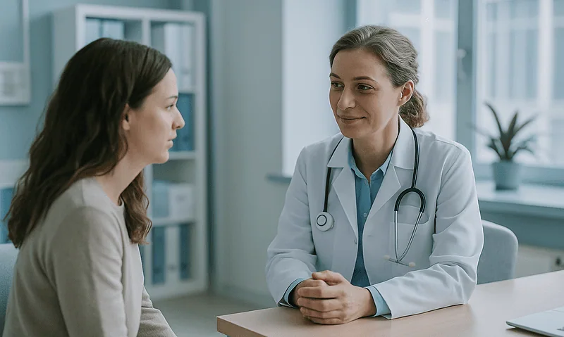 Doctor consulting with a patient in a modern medical office.