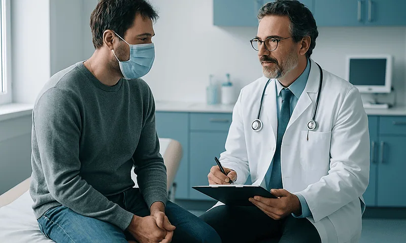 Doctor consulting with patient wearing mask in clinic setting.