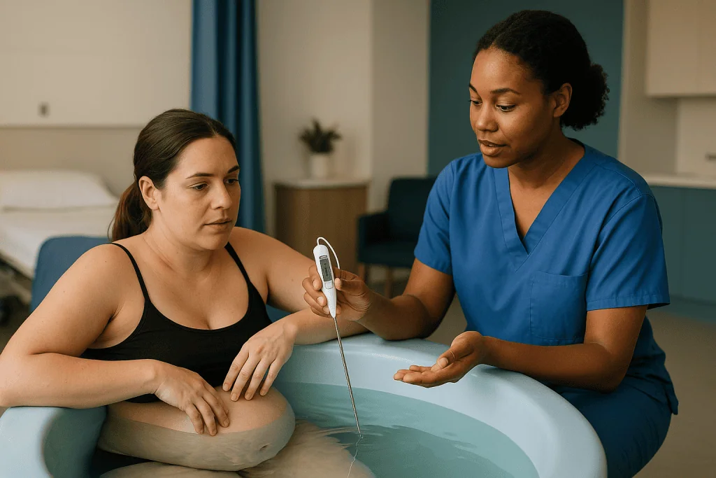 Healthcare provider consulting patient with digital thermometer: Birthing pool temperature: why 37 °C matters and who checks