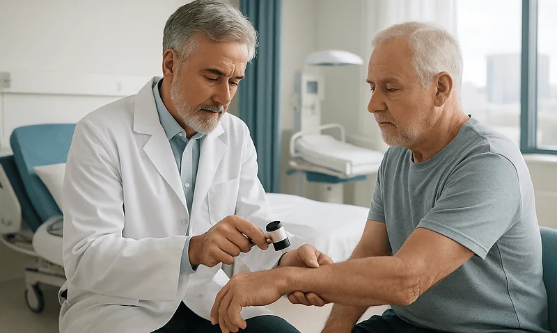 Doctor examining a patient's hand in a hospital room.